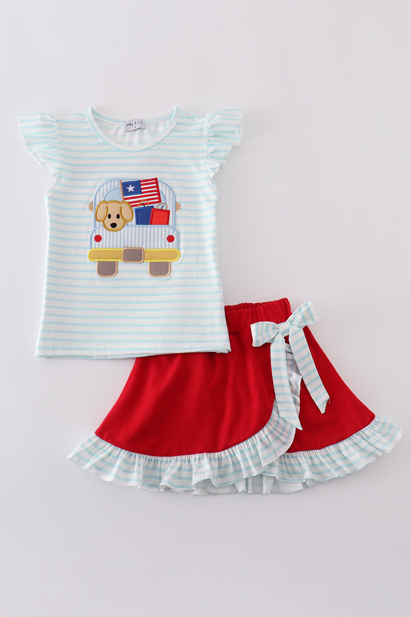 Red stripe puppy flag applique ruffle skorts set