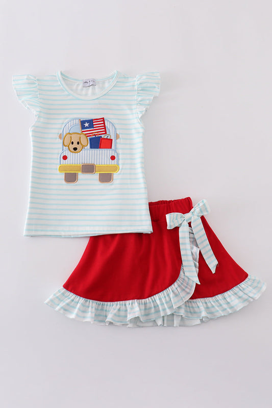 Red stripe puppy flag applique ruffle skorts set