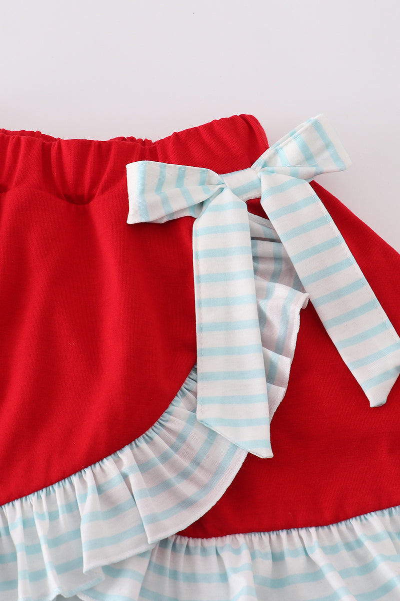 Red stripe puppy flag applique ruffle skorts set