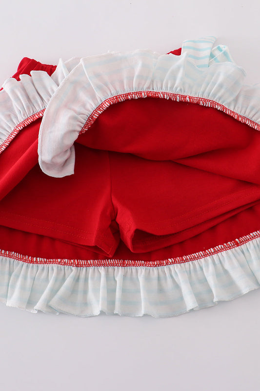 Red stripe puppy flag applique ruffle skorts set