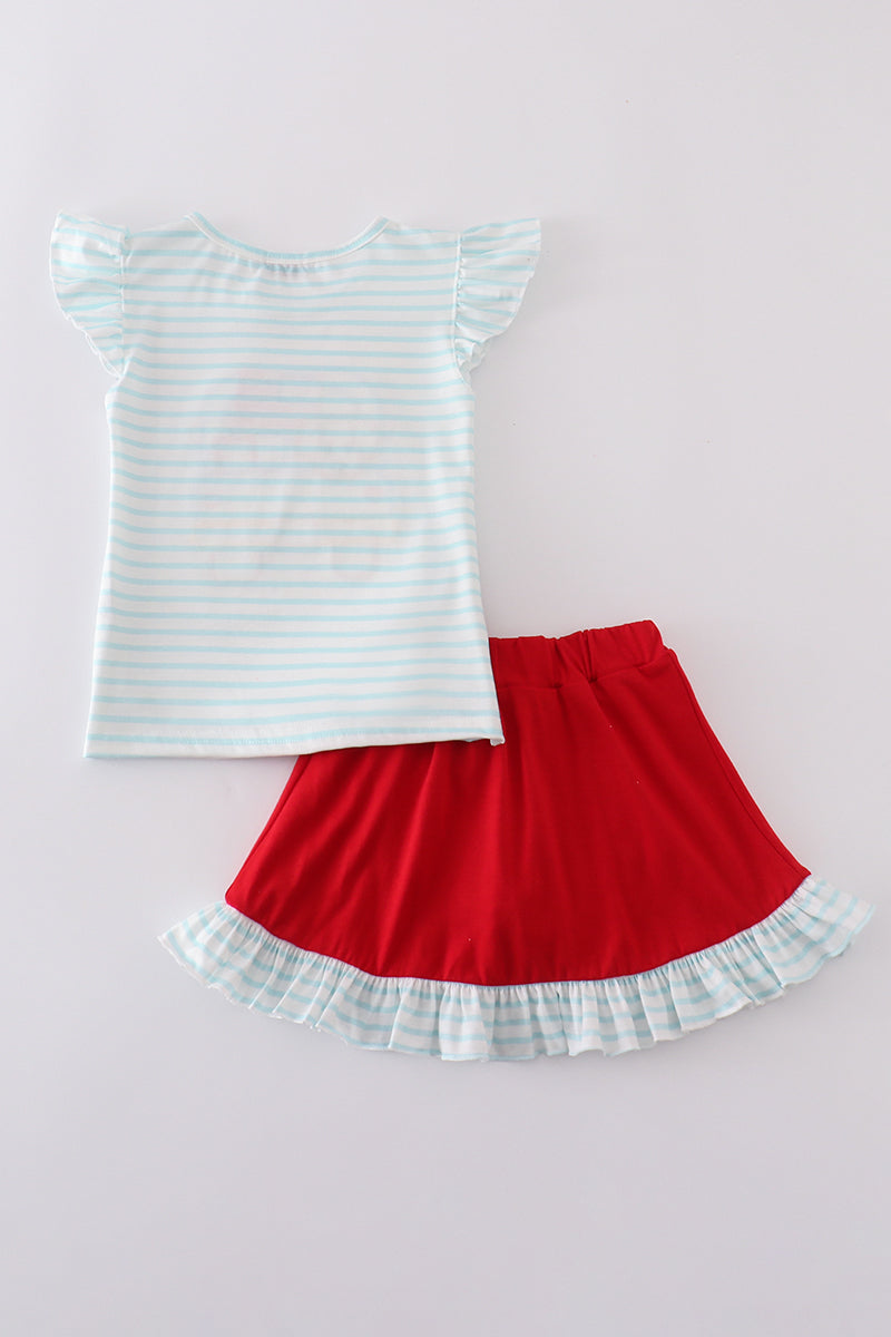 Red stripe puppy flag applique ruffle skorts set